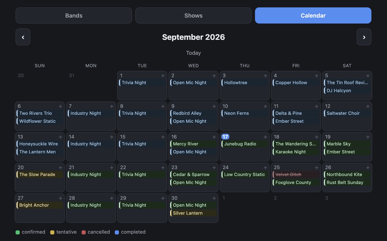 September 2026 booking calendar with confirmed, tentative, cancelled, and completed events.