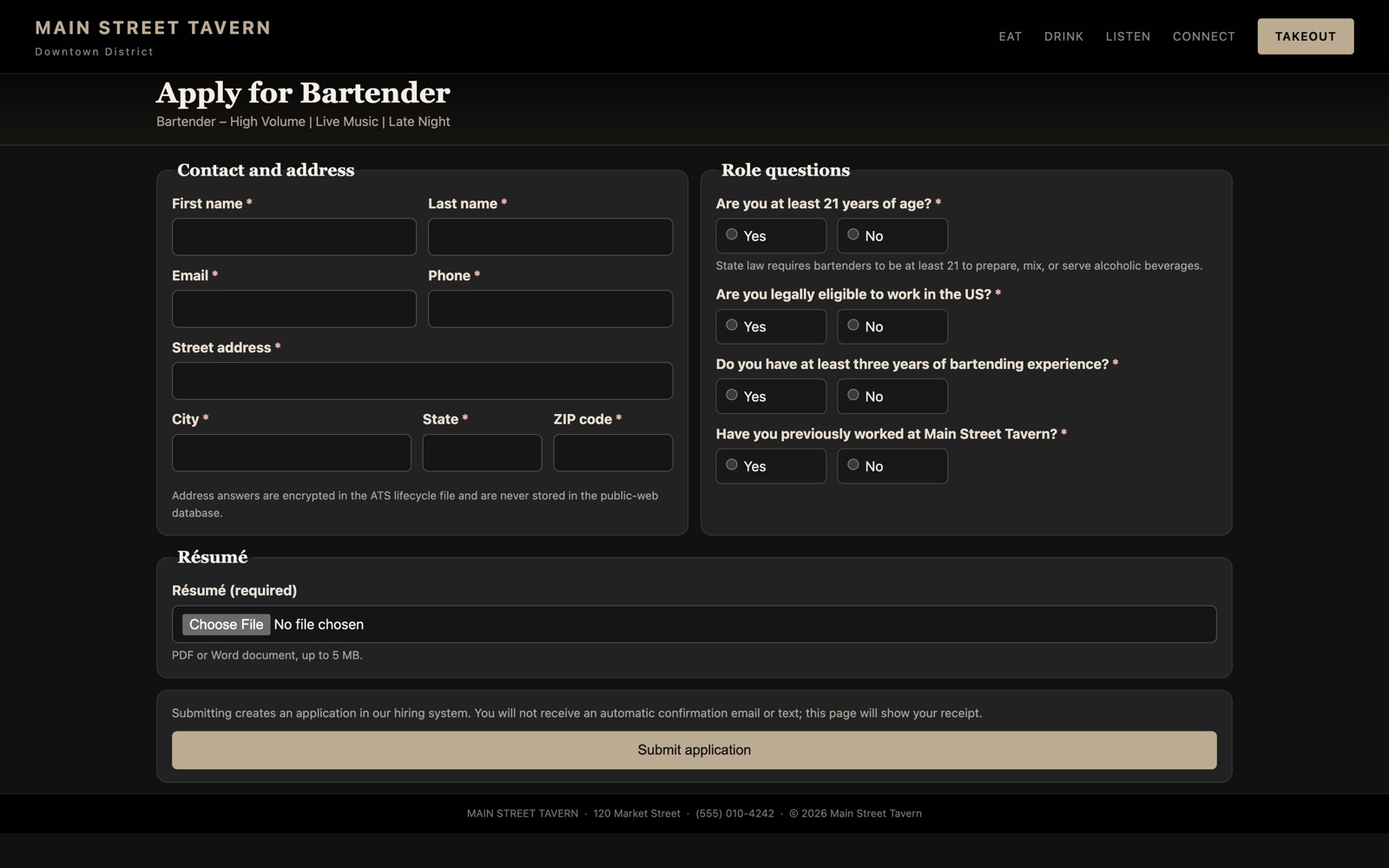 Bartender application form with contact, eligibility, experience, and résumé-upload fields.