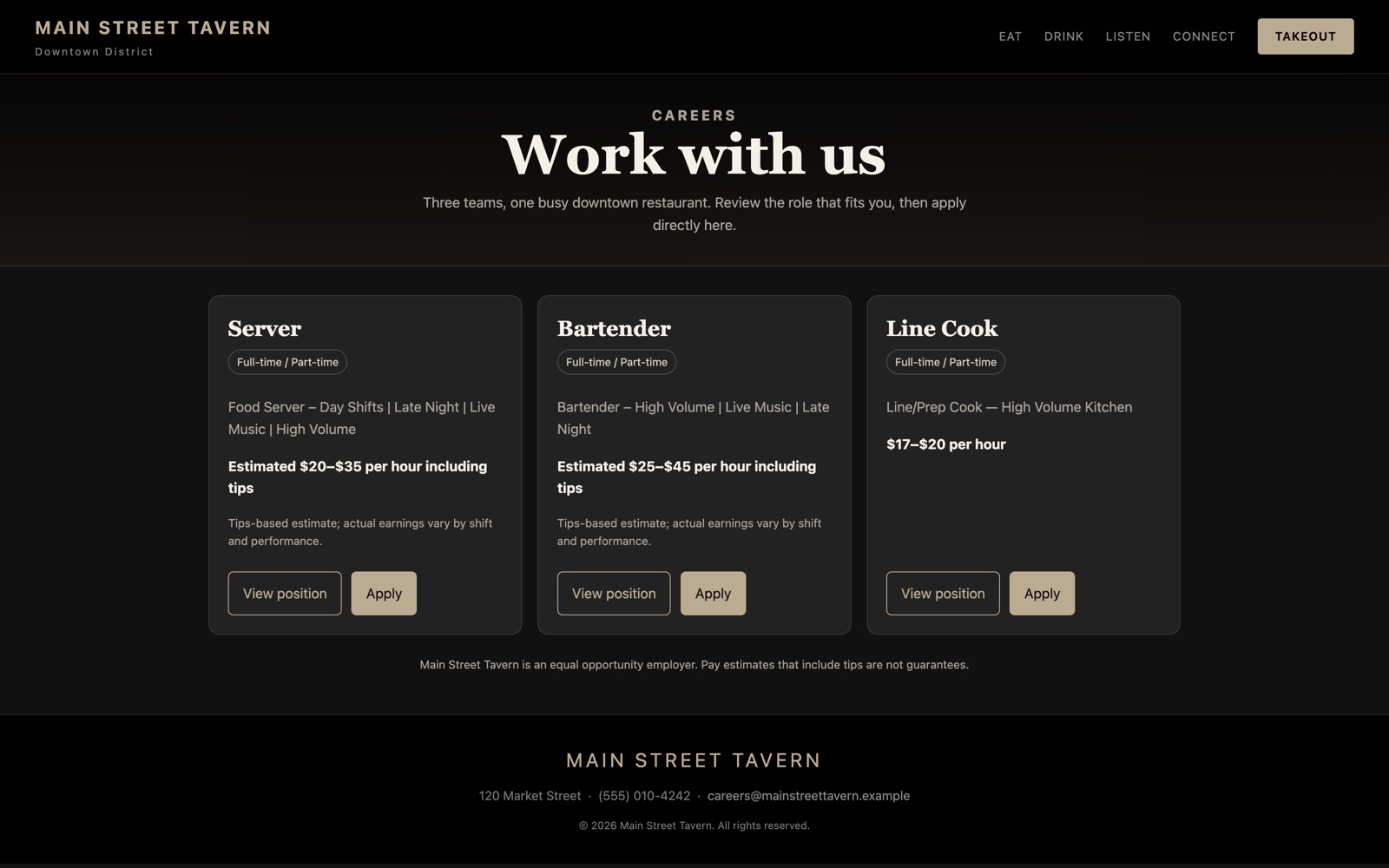 Careers page listing server, bartender, and line-cook openings with pay ranges and apply actions.