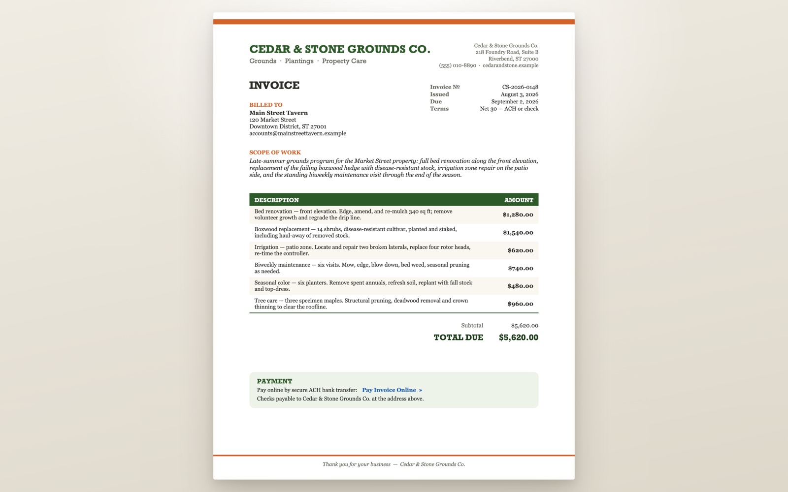 Finished groundskeeping invoice with six line items, a $5,620 total, and an online-payment link.