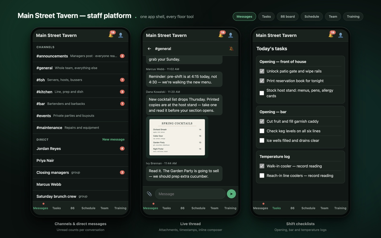 Three phone views showing channels and direct messages, a live conversation, and shift checklists.