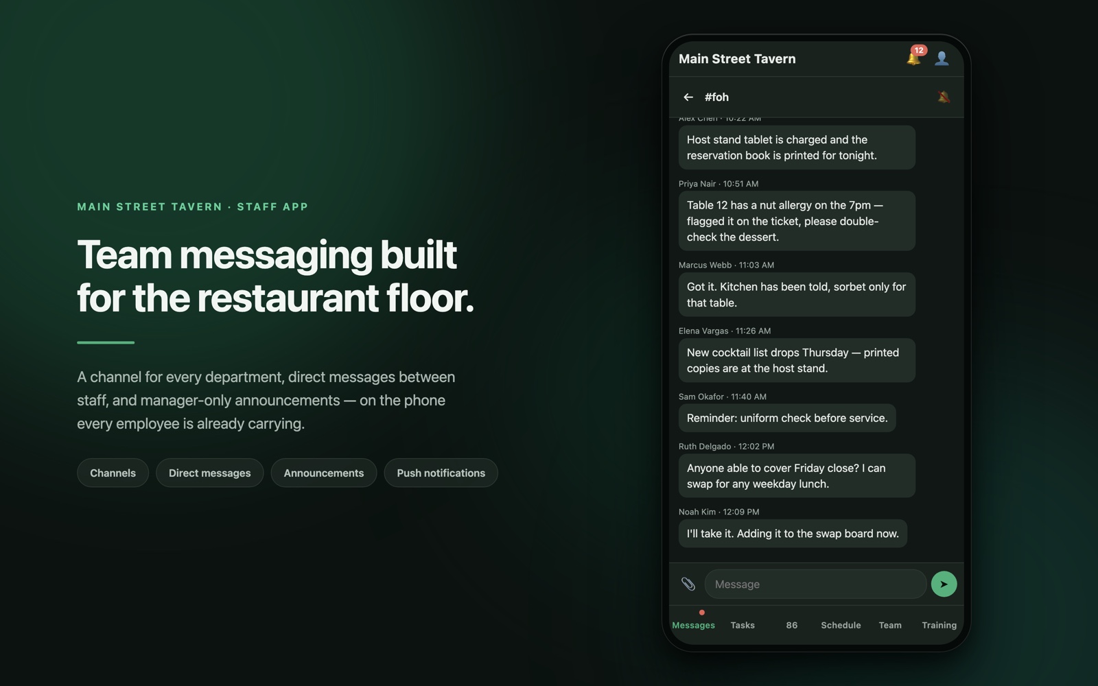 Phone view of a front-of-house channel with allergen, prep, and shift-swap messages.